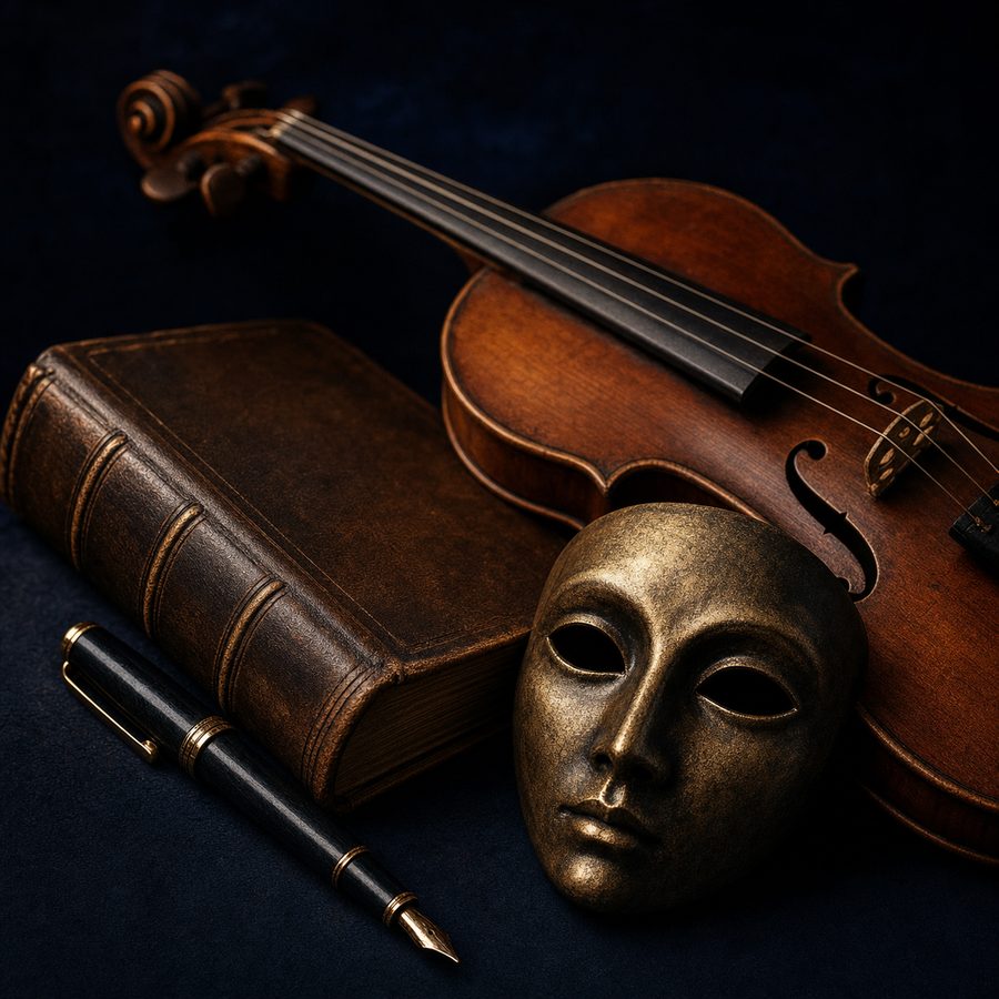 A law book, a theatrical mask, a fountain pen, and a violin arranged crossing each other in dramatic light, symbolizing disciplines converging