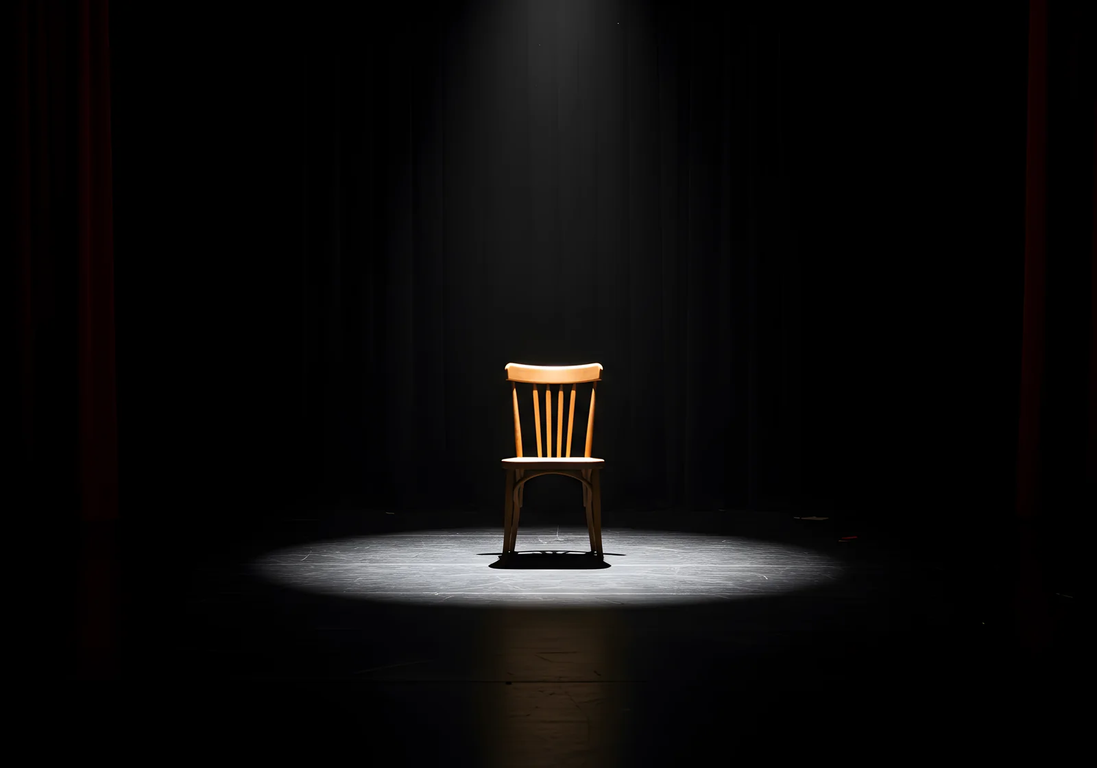 An empty chair illuminated by a single spotlight on a dark stage