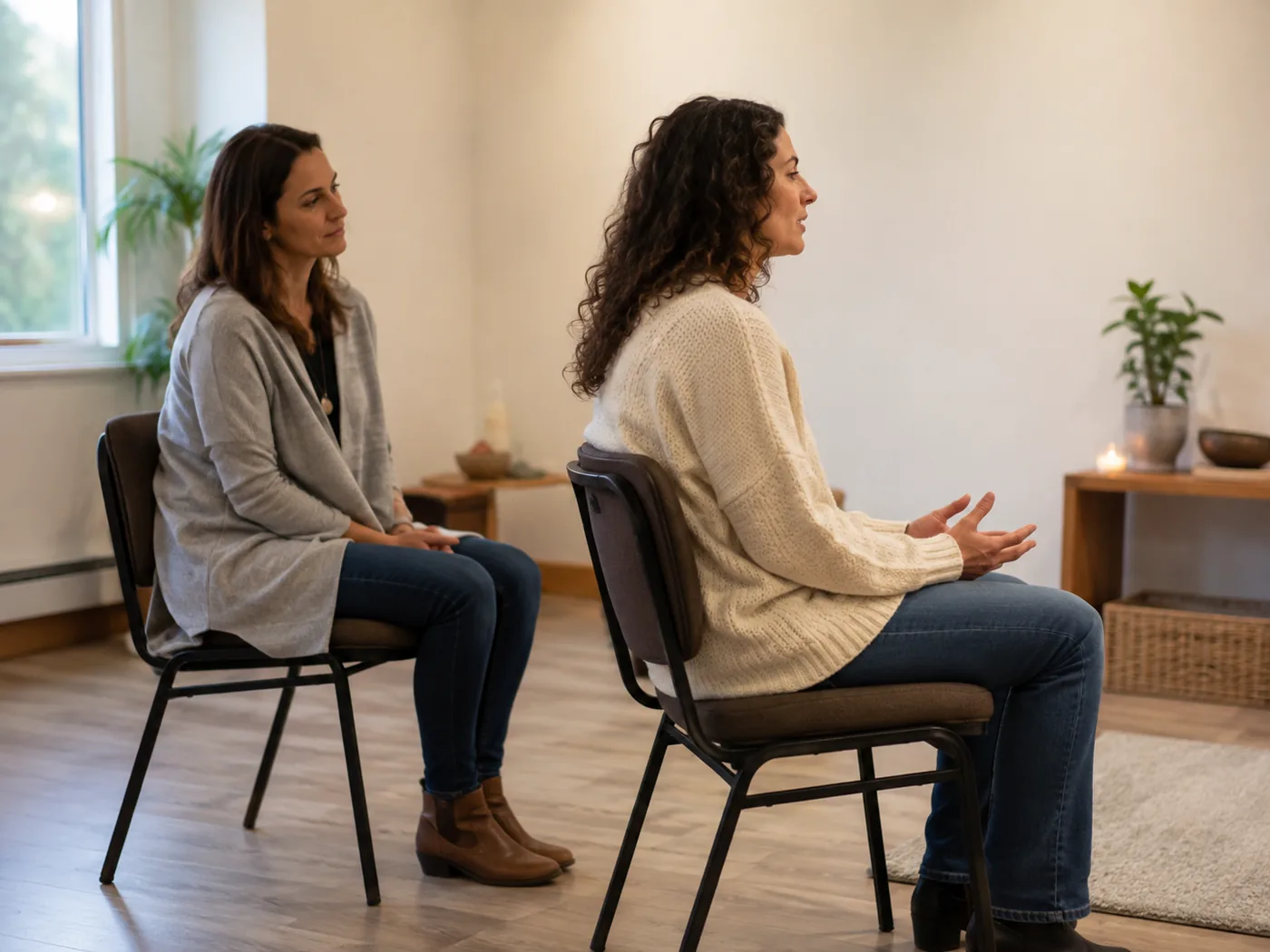 Two participants practicing attentive listening in an experiential learning setting